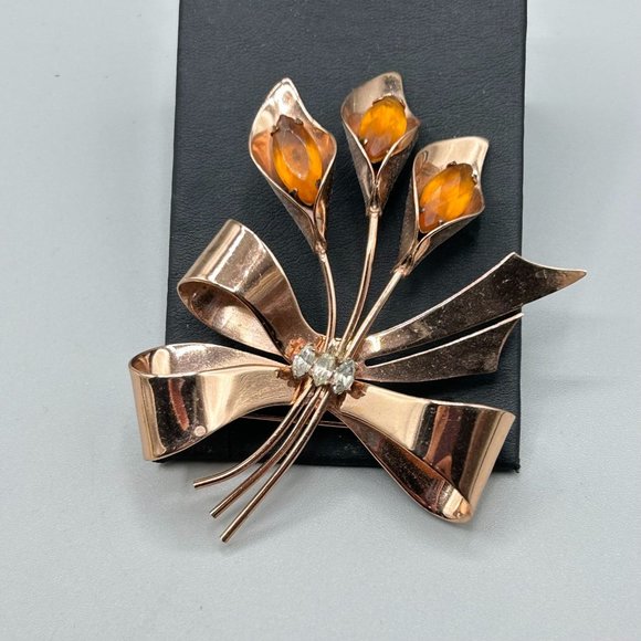 Sterling Corocraft Coro Pegasus Pin Brooch Flower Calla Lily Rose Gold Plated - Picture 4 of 7